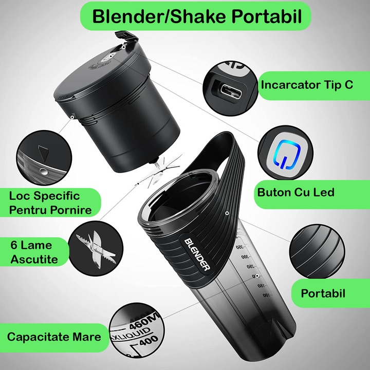 Mini Blender Electric NextWave™, Portabil, Multifunctional, Auto-curatare, Autonomie Mare, Baterie reincarcabila 4000mAh, 460 ml, negru