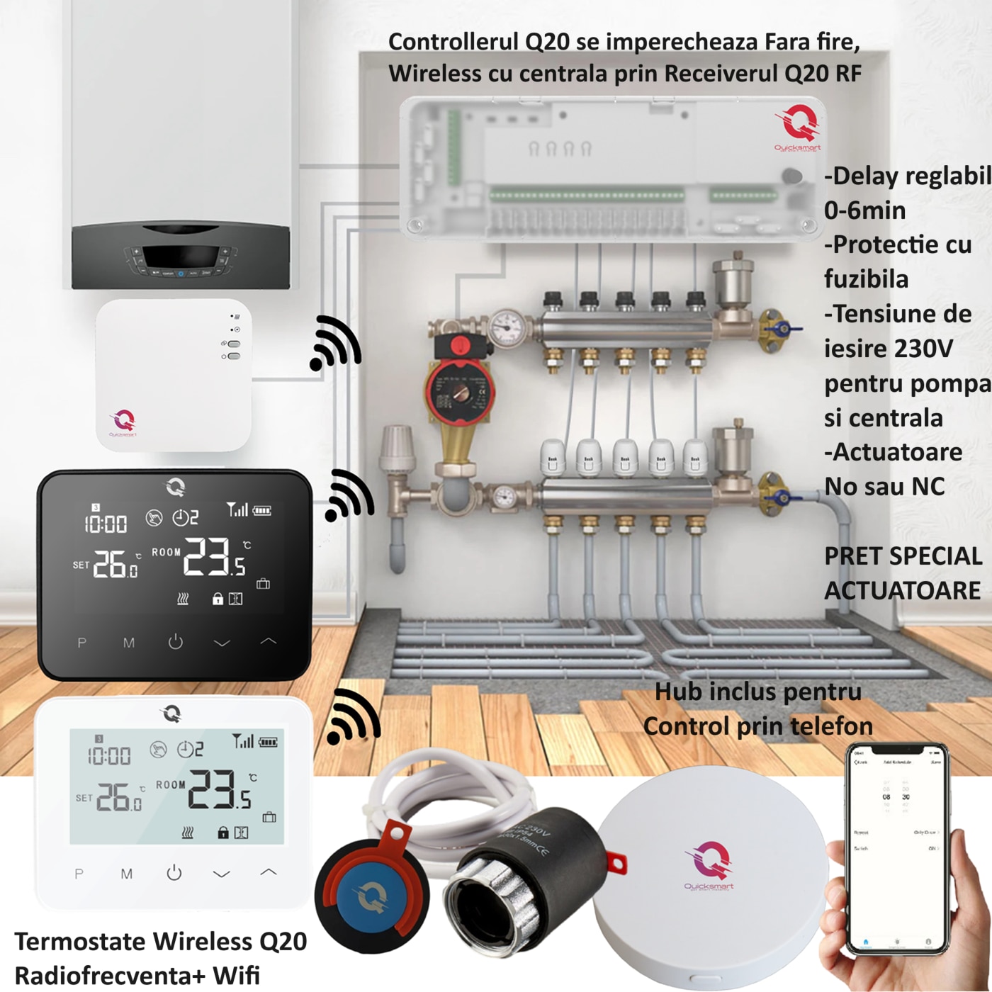 Automatizare Incalzire in Pardoseala Wireless Q20, Kit 4 zone ...