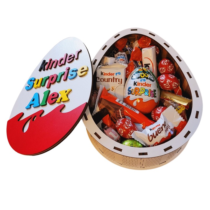 Cutie cadou Ou Kinder Surprise personalizata cu numele copilului - Pachet de dulciuri pentru copii, Lemn, 15x19x6 cm