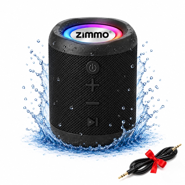 Boxa portabila bluetooth Zimmo® Boombox, Bluetooth 5.3, Wireless, Radio FM, Bass, TWS, Sunet 360°, Waterproof, IPX6, Rezistenta la apa & praf, Port USB/ AUX/ Card de memorie, 5 moduri de redare, HandsFree, Autonomie 10 ore, Powerbank, Type-C, Negru