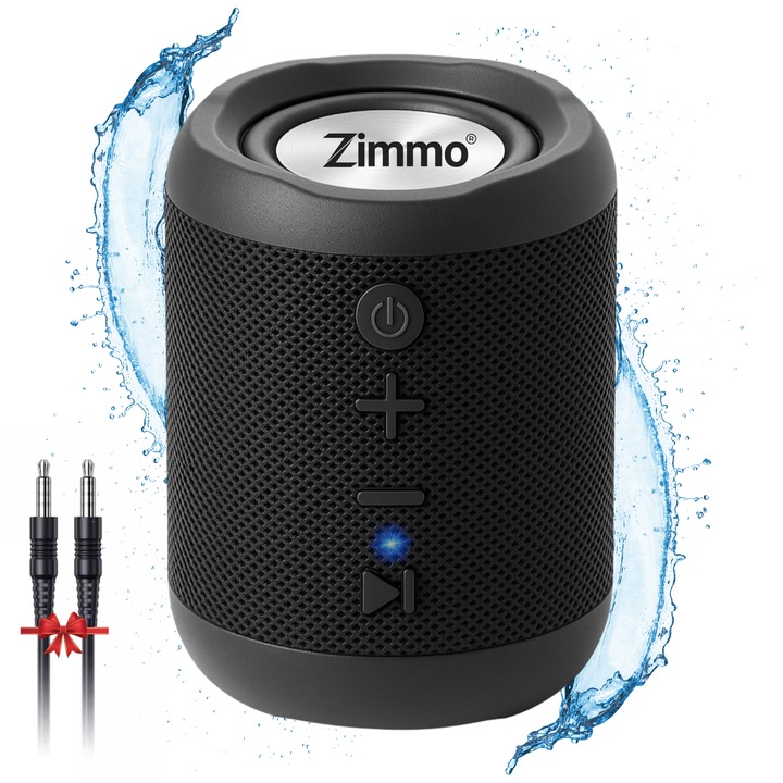 Boxa portabila bluetooth Zimmo® Boombox, Wireless, Radio FM, Bass, TWS, Sunet 360°, Waterproof, IPX6, Rezistenta la apa & praf, Port USB/ AUX/ Card de memorie, HandsFree, Autonomie 10 ore, Powerbank, Negru