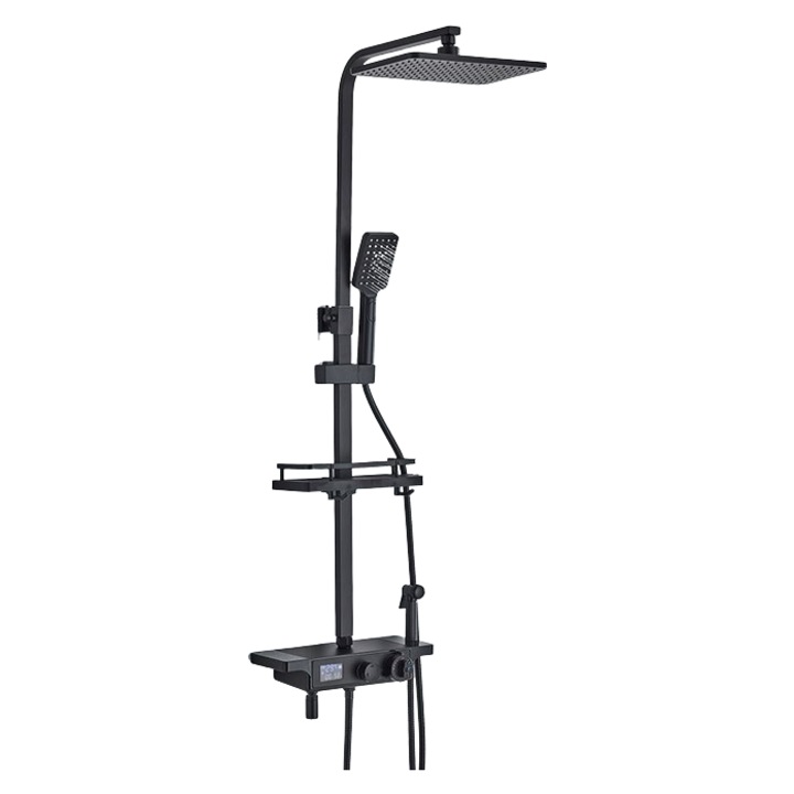Coloana de dus cu termostat, neagra, reglabila pe inaltime, cu display digital si functie de bideu, AquaSpa