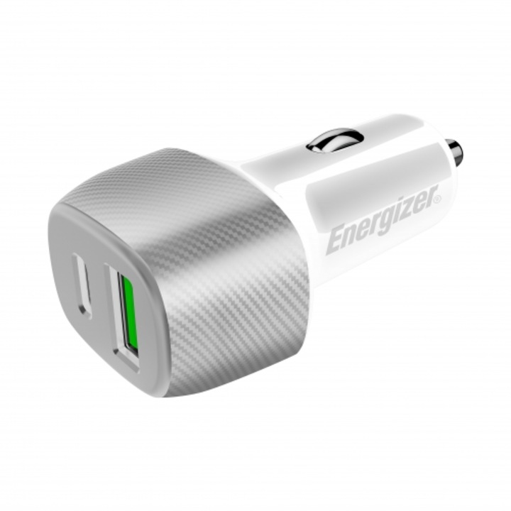 Зарядно за кола Energizer PowerDelivery, 38W QC 3.0, 1 USB A + 1 USB C, сребристо/бяло
