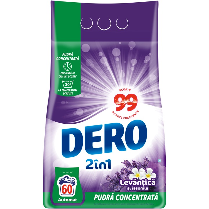 Detergent de rufe pudra Dero 2in1 Levantica si iasomie, 4.5 kg, 60 spalari