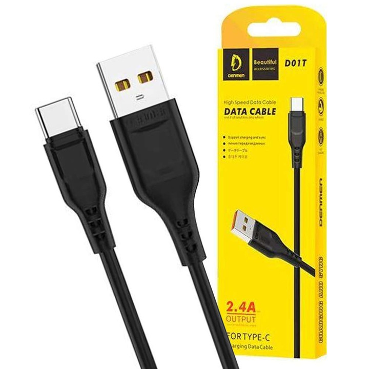 USB към USB-C тип C кабел Denmen D01T бързо зареждане 2.4A 1m Черен