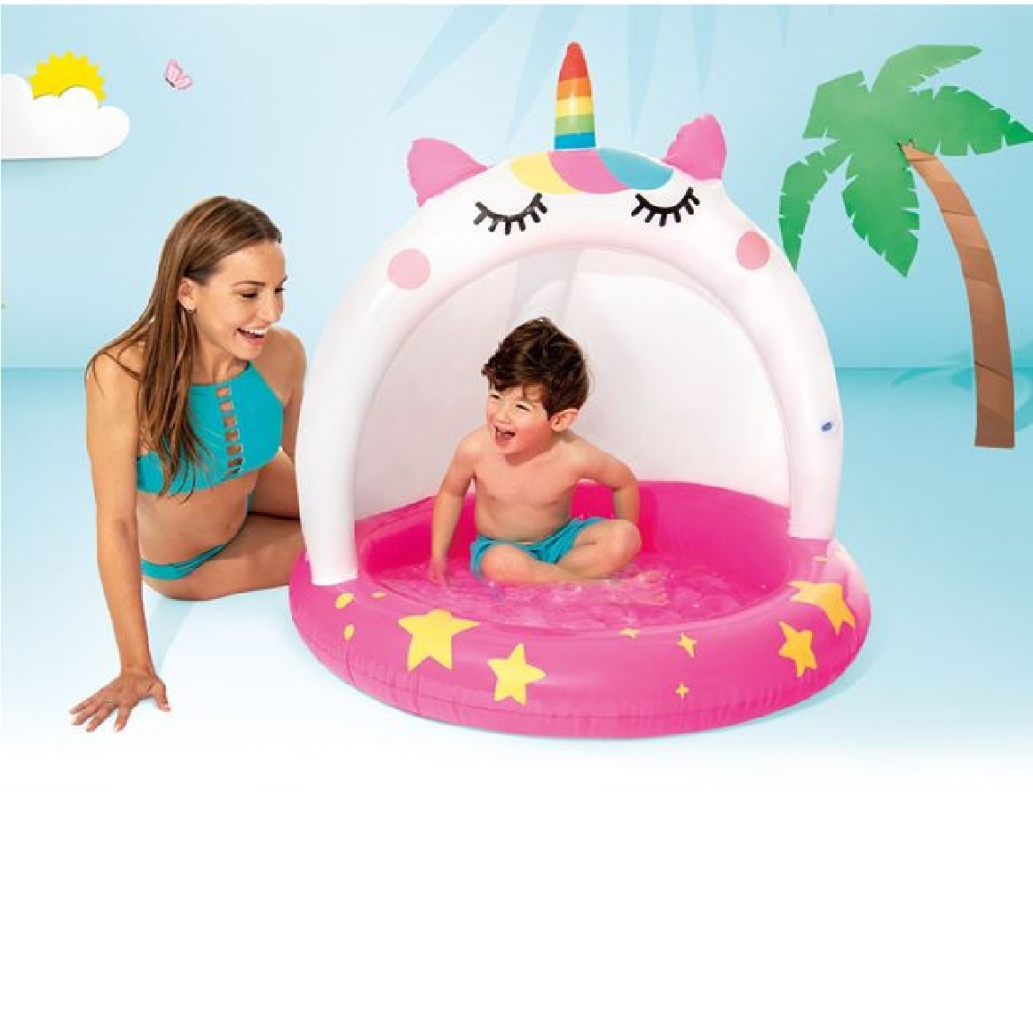Бебешки басейн със сенник, Intex, White Fuchsia Unicorn, Фуксия