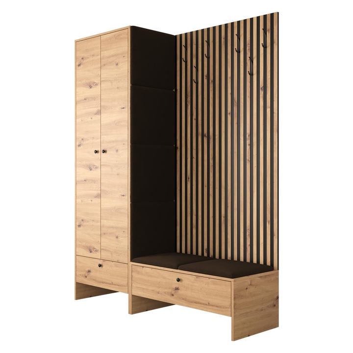 Mobilier pentru hol Esmoltis III cu caneluri, MIRJAN24, stejar artisan / negru / maro, 145x44x206 cm