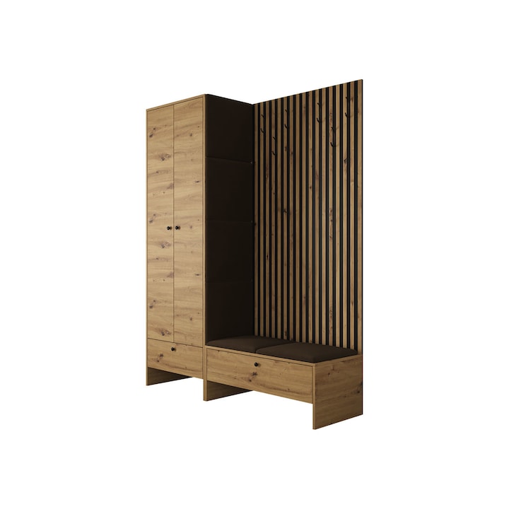 Mobilier pentru hol Esmoltis III cu caneluri, MIRJAN24, stejar artisan / negru / maro, 145x44x206 cm