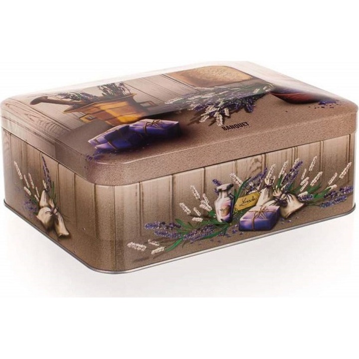 Cutie metalica cu capac pentru depozitare ceai 20 x 15.5 x 8 cm, Banquet Lavanda