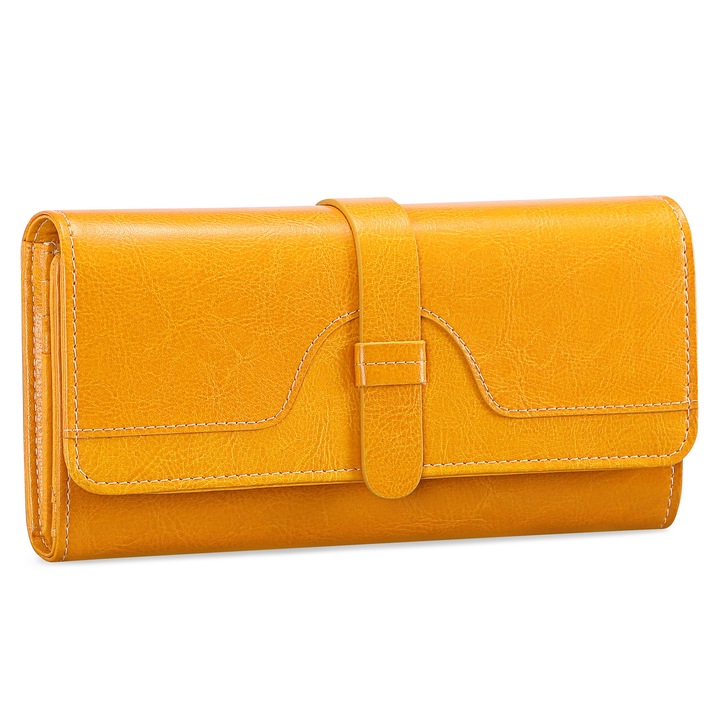 Дамски портфейл, Avamsi AVABQ-5160, Жълт, Естествена кожа, 19.5x9.5x3 см
