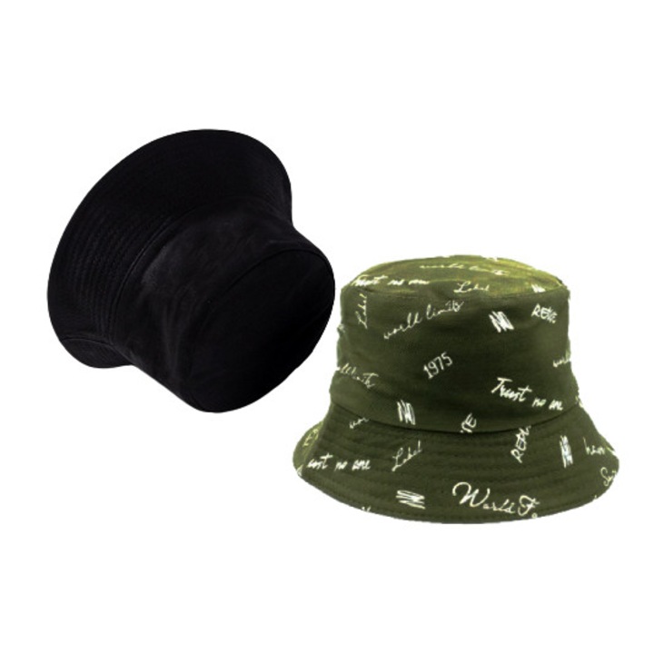 Palarie bucket, Reversibil, cu scris, Nevermore, Unisex, Negru/Verde, 58 cm