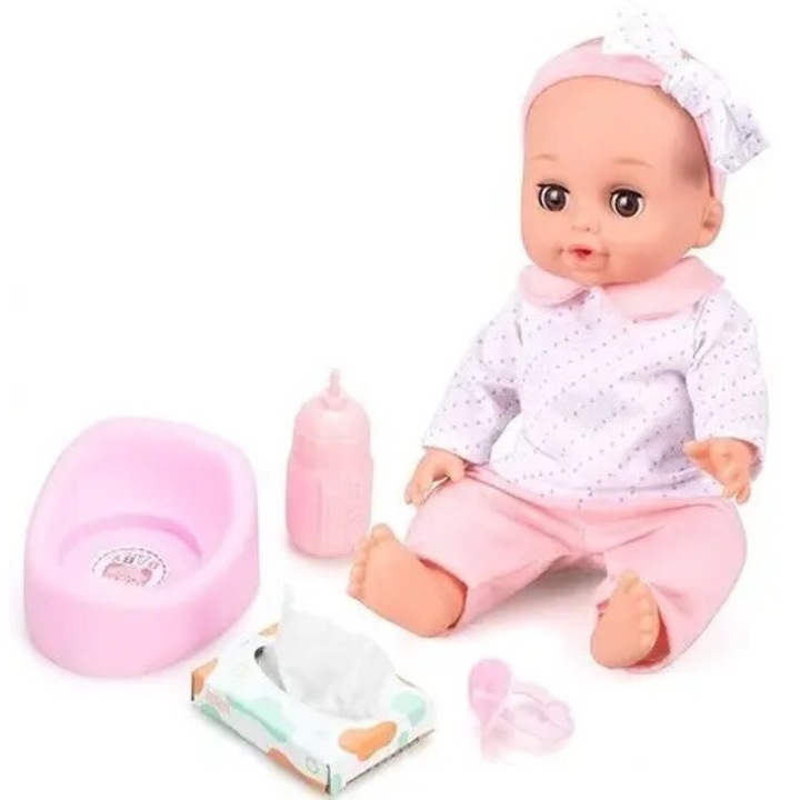Papusa Bebelus pentru Copii, CuteBaby, cu Cap, Maini si Picioare din Cauciuc, Inchide Ochii, cu Sunete, Haine Detasabile, Biberon, Suzeta, Indiggo, Inaltime 29cm, 3ani+, Pink Blush
