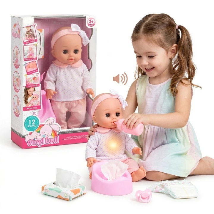 Papusa Bebelus pentru Copii, CuteBaby, cu Cap, Maini si Picioare din Cauciuc, Inchide Ochii, cu Sunete, Haine Detasabile, Biberon, Suzeta, Indiggo, Inaltime 29cm, 3ani+, Pink Blush
