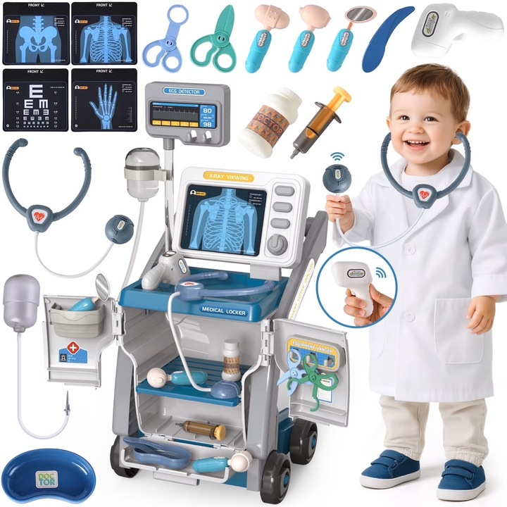 Set de Joaca, Carucior Medical pentru Copii, 15 Piese, cu Sunete, Include Radiografii, Stetoscop, Termometru, Seringa, Portabil, Stimuleaza Imaginatia si Jocul de Rol, Indiggo, 3ani+, Dimensiune 57x23cm, Bleumarin