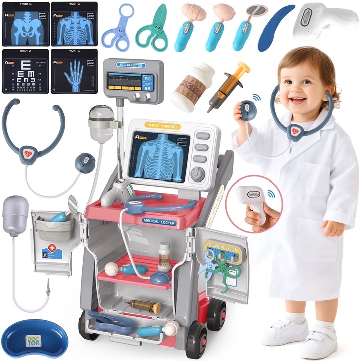 Set de Joaca, Carucior Medical pentru Copii, 15 Piese, cu Sunete, Include Radiografii, Stetoscop, Termometru, Seringa, Portabil, Stimuleaza Imaginatia si Jocul de Rol, Indiggo, 3ani+, Dimensiune 57x23cm, Roz