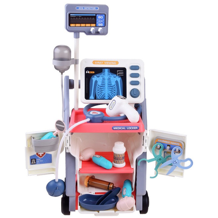 Set de Joaca, Carucior Medical pentru Copii, 15 Piese, cu Sunete, Include Radiografii, Stetoscop, Termometru, Seringa, Portabil, Stimuleaza Imaginatia si Jocul de Rol, Indiggo, 3ani+, Dimensiune 57x23cm, Roz