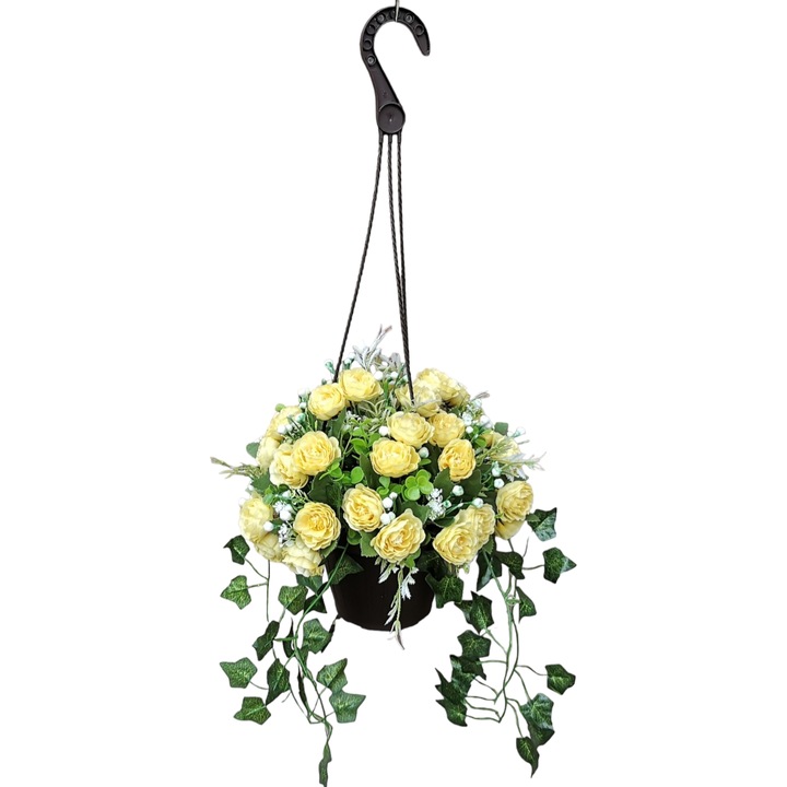 Ghiveci suspendat cu flori artificiale galbene si verdeata decorativa artificiala, Dady, diametru aranjament 28 cm
