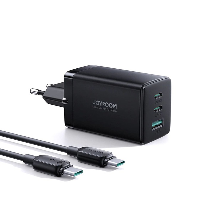 Incarcator rapid retea GaN Ultra Joyroom TCG01, 2x USB-C, 1x USB, 65W, 5 A, Cablu USB-C la USB-C 100W 1.2m inclus, Negru
