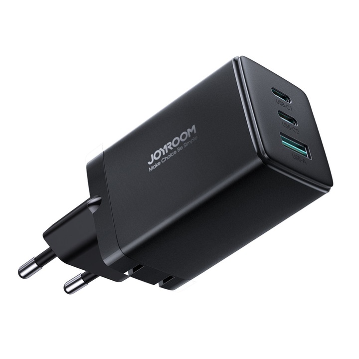 Joyroom TCG01 Hálózati töltő, GaN technológia, 65 W, 1 USB port és 2 USB C port, USB C - USB C kábel 1,2 m, 100 W, gyorstöltés funkció, fekete