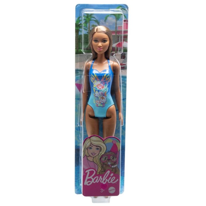 Papusa Barbie Beach Dark Skin With Flowers Blue Swimsuit hdc51