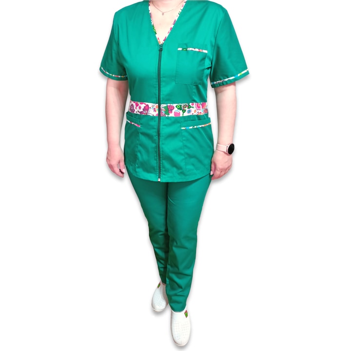 Costum medical de dama Medical AMA Delux, Halat fermoar cu insertie florala, Verde Spital, din tercot elastic, Marimea 44
