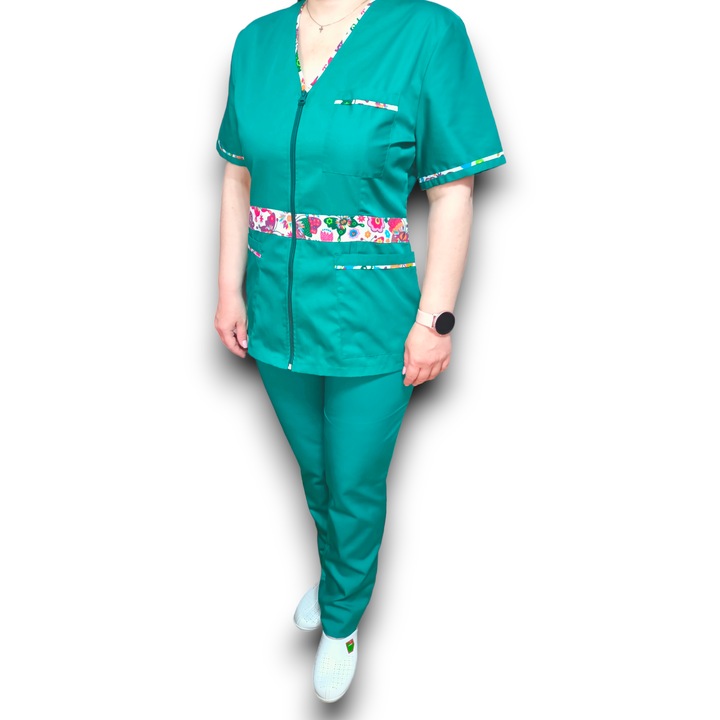 Halat medical Premium Flex din tercot elastic verde spital cu insertie florala, Marimea 36, Colectia Halatul meu, AMA Medical Scrubs