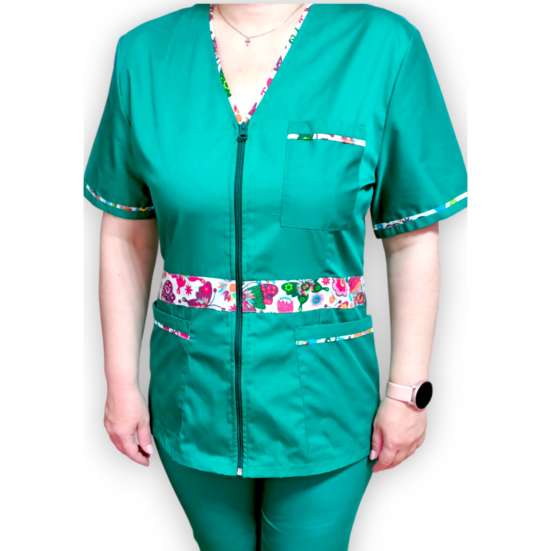 Costum medical de dama Medical AMA Delux, Halat fermoar cu insertie ...