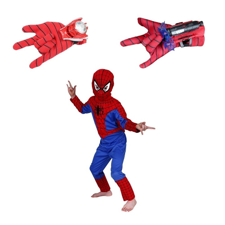 Set costum Spiderman si doua lansatoare cu discuri si ventuze plastic pentru copii, 5-7 ani 110-120 cm