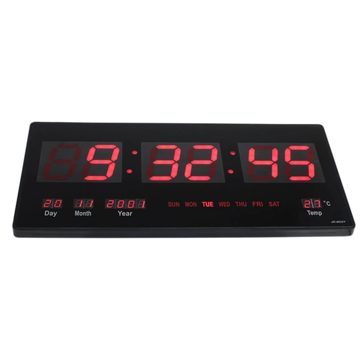 Стенен цифров часовник, Показва час, календар и температура, Размер 45,5 x 22 x 3 cm, Черен
