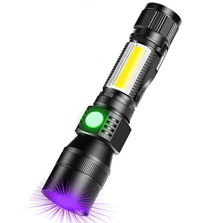 LED UV фенер, BOMSTOM, Водоустойчивост, 1800lm, телескопично увеличение, 7 режима, черен