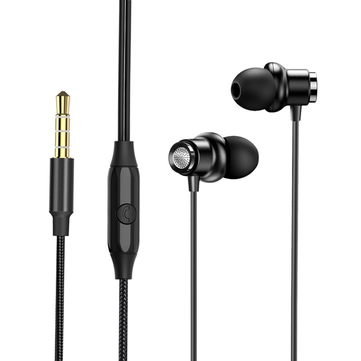 Аудио слушалки за поставяне в ушите с 3,5 мм жак конектор, микрофон, HD звук и текстилен кабел, черни