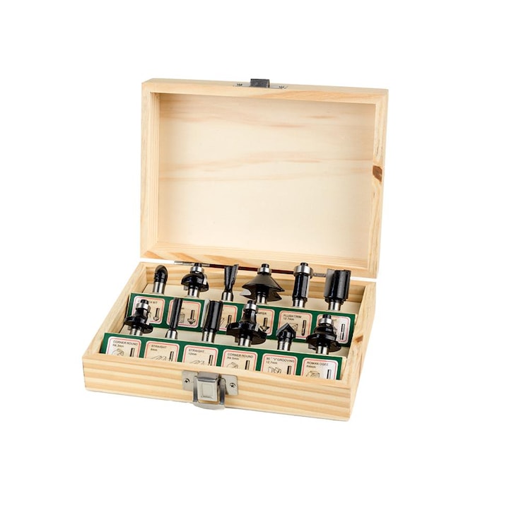 Set freze lemn JOKA 12 piese, coada 1/2", freze curatare, sanfrenare 45°, canelura V, profil roman, coada randunica, cavitati si muchii rotunjite, pentru prelucrare precisa lemn