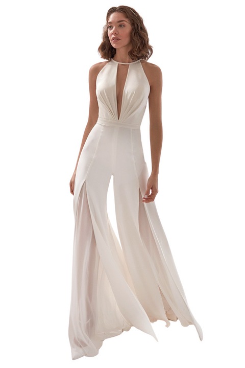 Salopeta eleganta, cu pantalon larg, dublat, slituri lungi si spatele gol, Alb