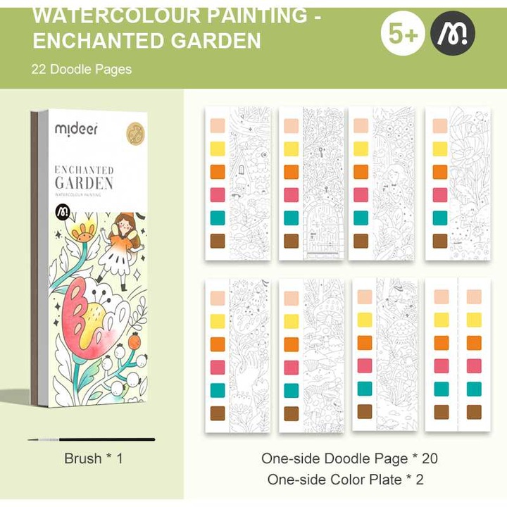 Carte de colorat cu apa, pensula de pictat si culori incluse, 19 x 8 x 1.3 cm, Enchanted Garden, Mideer