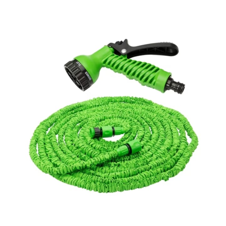 Разтегателен градински маркуч 15 м с пистолет за поливане, Saiconcept®, зелен