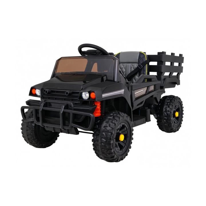 Masinuta Electrica cu acumulator pentru copii NOVOKIDS™ Farmer Truck, Cu remorca si faruri luminoase, Roti din Cauciuc EVA, 3-8 ani, max 30 kg, Lungime 116 cm, Negru