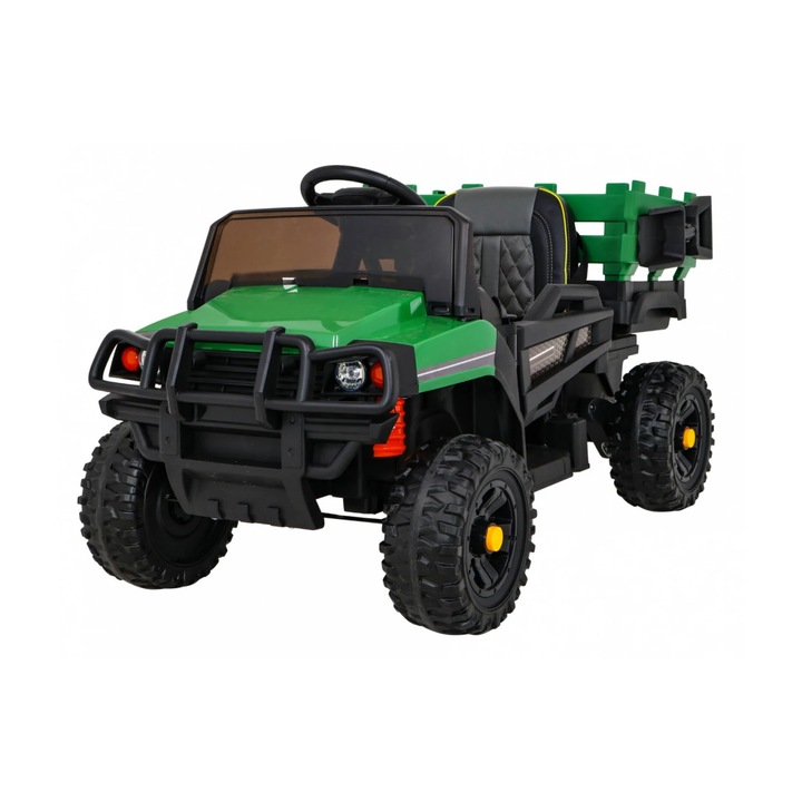 Masinuta Electrica cu acumulator pentru copii NOVOKIDS™ Farmer Truck, Cu remorca si faruri luminoase, Roti din Cauciuc EVA, 3-8 ani, max 30 kg, Lungime 116 cm, Verde