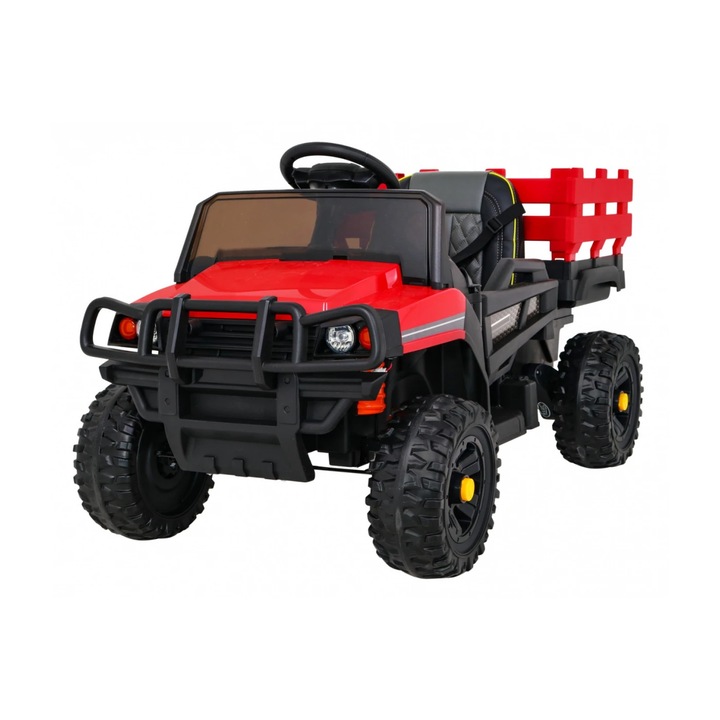 Masinuta Electrica cu acumulator pentru copii NOVOKIDS™ Farmer Truck, Cu remorca si faruri luminoase, Roti din Cauciuc EVA, 3-8 ani, max 30 kg, Lungime 116 cm, Rosu