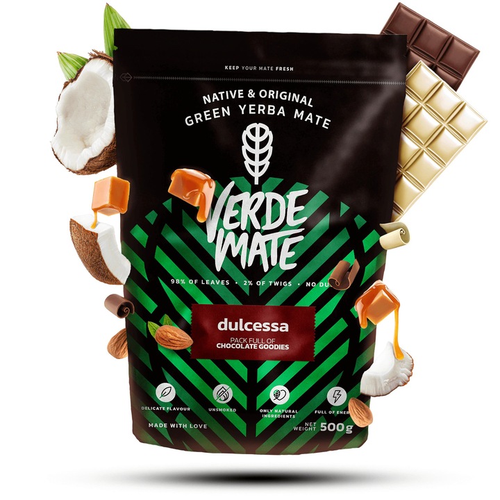 Yerba Mate Tea, Verde Mate Dulcessa Tostada, Csokoládé, Enyhe, Füstmentes, 500g