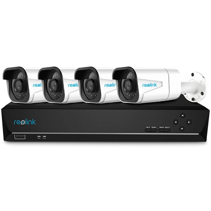 Система за външно IP видеонаблюдение Reolink RLK8-810B4-A цялостна, 4 камери, 4K, IR 30 м, 4 мм, микрофон, разпознаване на хора/превозни средства, 2 TB HDD