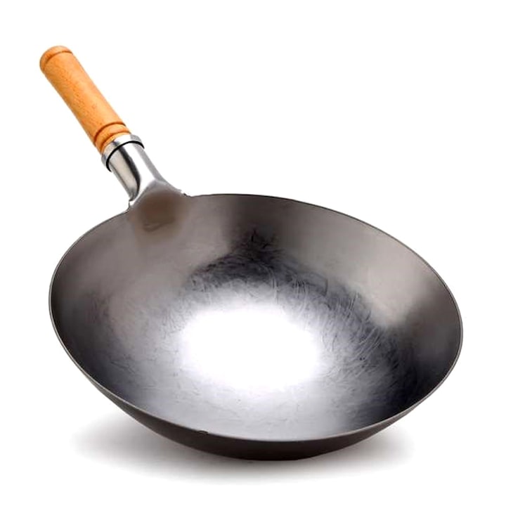 Welora Kantoni wok serpenyő, 30 cm átmérővel, gáztűzhelyhez, kézzel kovácsolt, szénacélból, kerek aljú
