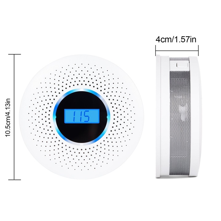 Detector de Gaz FARROT Senzor dual fum si Monoxid de Carbon, CO, display LCD, alarma 85dB, baterie 3xAA, Alb
