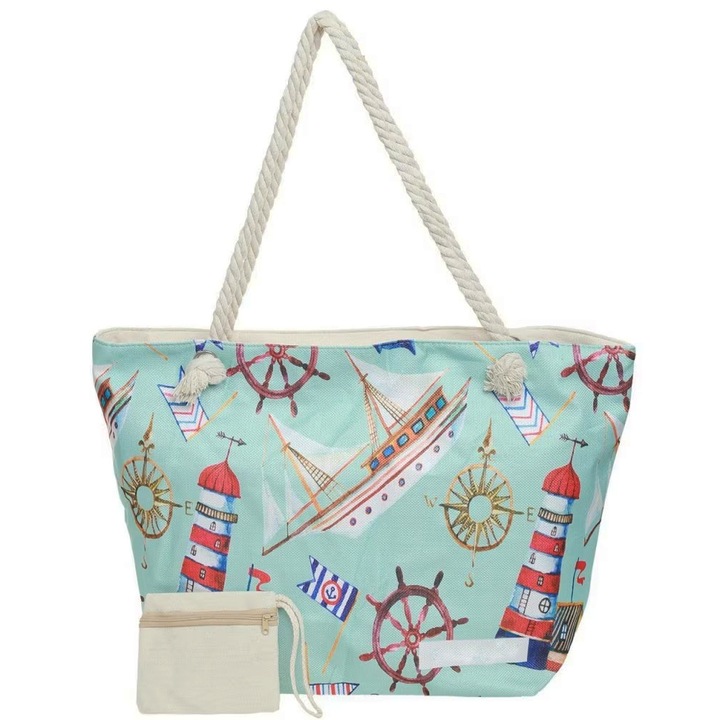 Geanta plaja cu portofel, MENZ®, SHELL, buzunar interior, fermoar metalic, albastru turcoaz, 58x38x18 cm