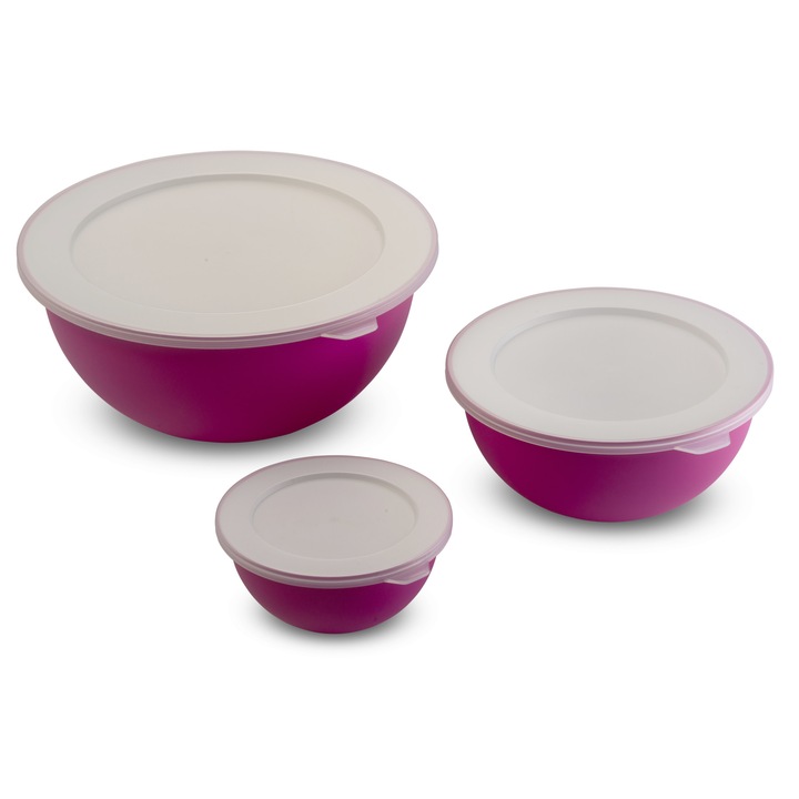 Set de 3 Boluri cu capac d26,5 cm d20 cm d13,5 cm 3,5L 1,7L 0,5L SanaLiving - Fucsia