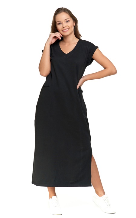 MORAJ Дамска рокля макси рокля с къс ръкав за свободното време памук oversize 4200-001 - черна, Черен