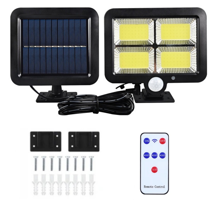 Соларна лампа с дистанционно управление NEVERMORE, 128 COB LED, Сензор за движение, Регулируем соларен панел, Водоустойчива, Кабел 5 м