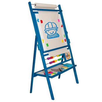 Tabla premium 2 in 1, cu picioare, fete rotative, pentru copii, de scris cu marker si creta - albastra Tabla premium 2 in 1, cu picioare, fete rotative, pentru copii, de scris cu marker si creta - albastra