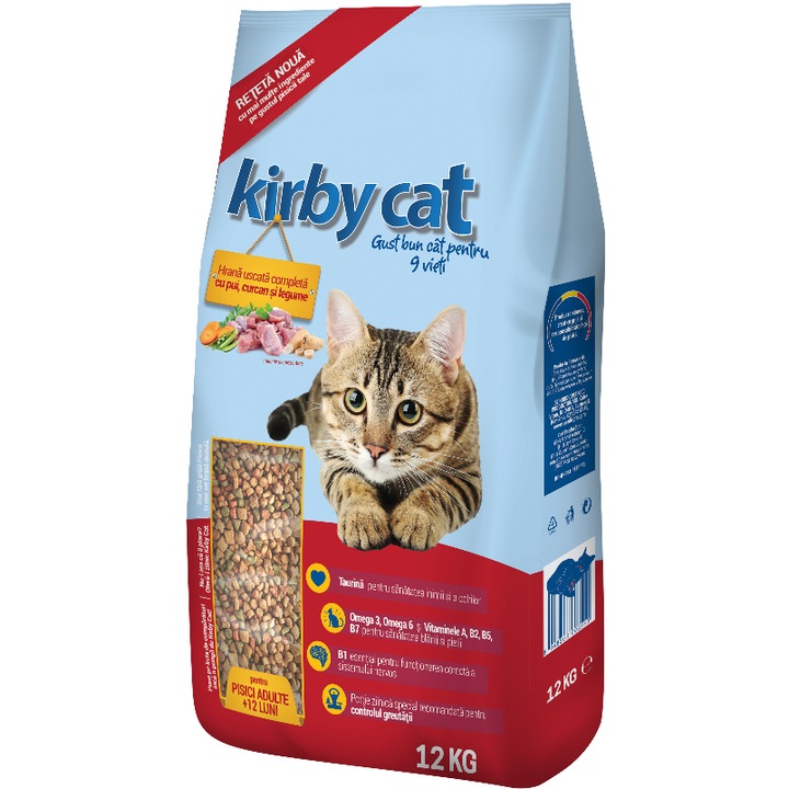 Hrana uscata pentru pisici Kirby Cat, Pui, curcan si legume, 12Kg