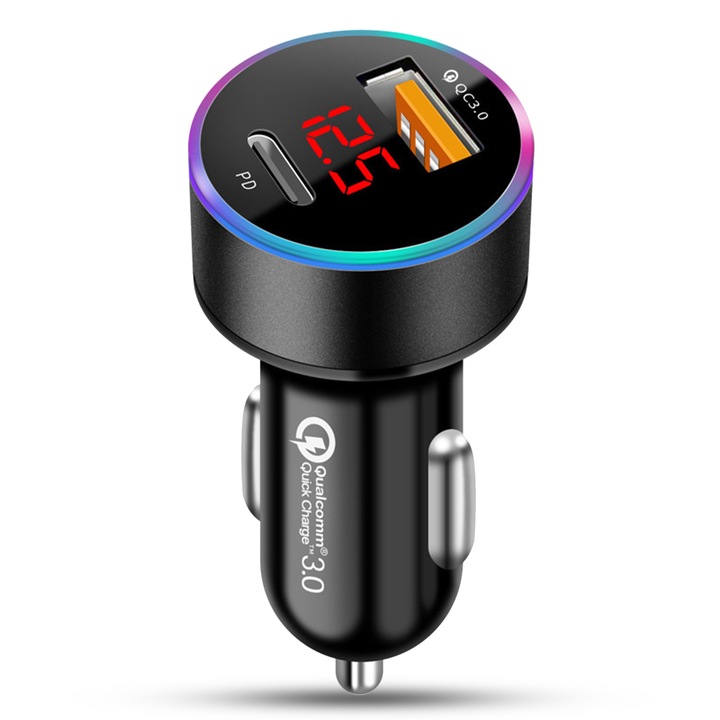 Зарядно за кола, 36W Super Fast charge, 1 x Type-C, 1 x USB 3.0, Quick Charger 3.0, LED светлини, Универсално, Съвместимо с iPhone, Samsung, Huawei