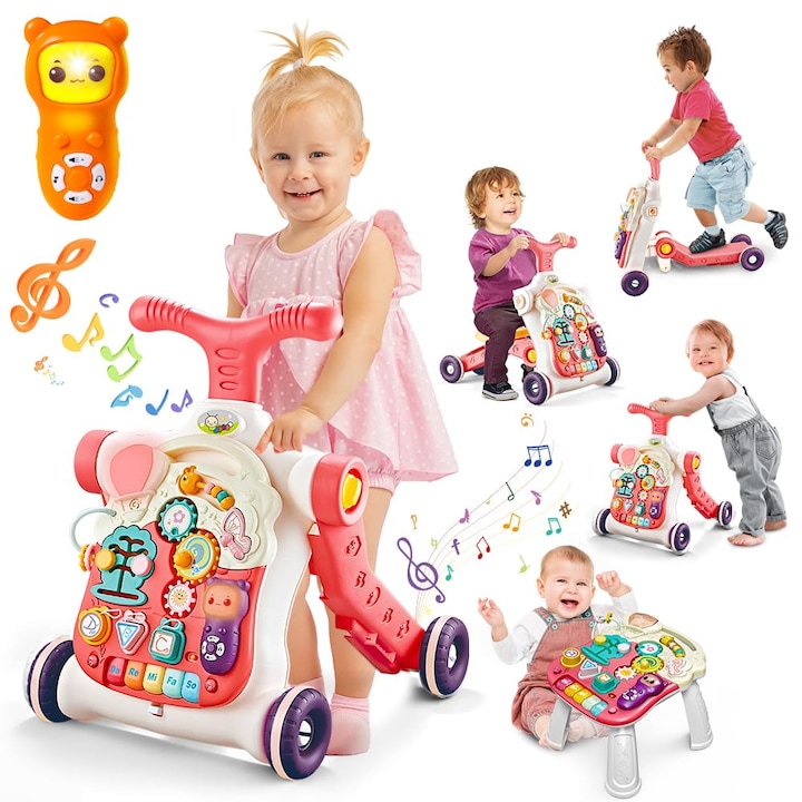 Antemergator Multifunctional 5 in 1 Trotineta, Scuter, Centru de Activitati si Panou Detasabil, GoGoLittleBaby, cu Melodii, Pian, Telefon, Forme si Culori, Inaltime Reglabila, Control Volum, Structura Stabila, Antiderapant, Pink Blush